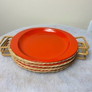 (4) Red Enamel Ware Metal Dinner Plates Picnics W/Rattan Holders Handles Vintage